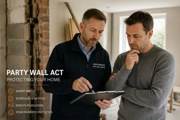 Party wall surveyor South Ockendon discussing extension plans with homeowner outside a UK semi-detached house.